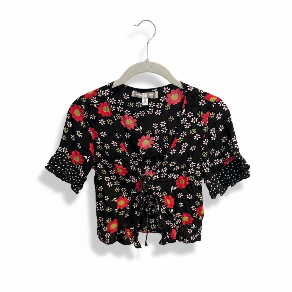 Y2K Floral Tie Front Crop Blouse Urban Outfitters Petite‎ S - Picture 2 of 7